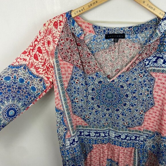 Sanctuary Bohemian Patchwork Print Blue Pink Long Sleeve Shift Dress Festival XS - Picture 6 of 13